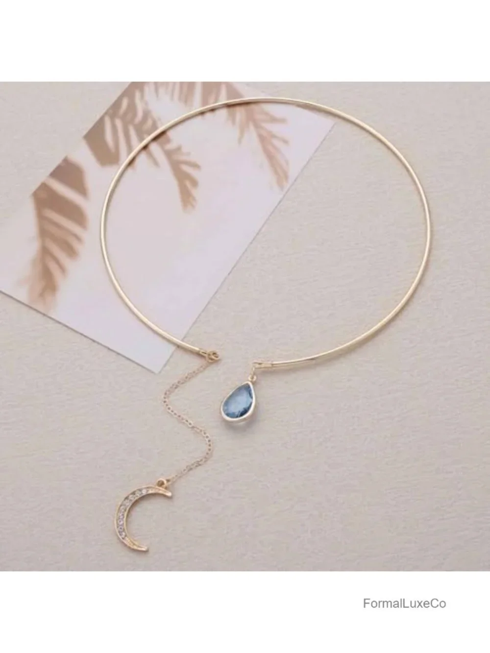 Boho Gold Open Collar Necklace Crystal Moon Pendant Choker Alloy Jewelry
